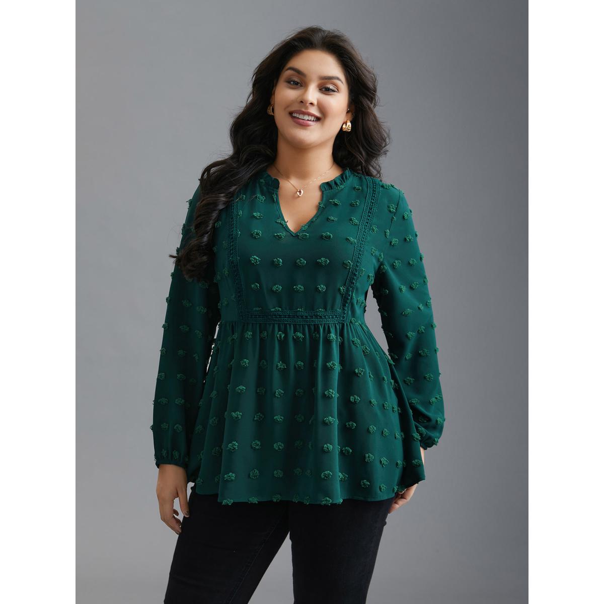Plus Size DarkGreen Notched Collar Ruffle Trim Textured Blouse Women Elegant Extra Long Sleeve V-neck Everyday Blouses BloomChic 22-24/3X Product Image