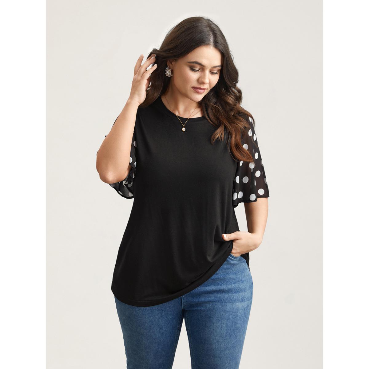 Plus Size Stretchy Sheer Dot Sleeve Textured T-Shirt Black Women Timeless See through Round Neck Elegant T-shirts BloomChic 12/L Product Image