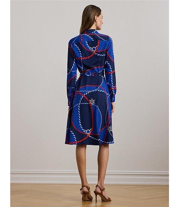 Lauren Ralph Lauren Crepe De Chine Rope Print Point Collar Long Sleeve Button Front Fit-And-Flare Shirtdress Product Image
