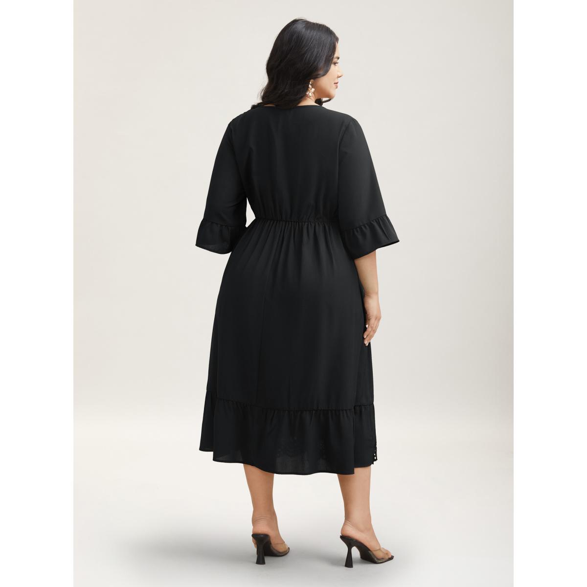 Plus Size Cut-Out Waist-Defining Ruffled Midi Dress Black Women Elegant Cut-Out V-neck Elbow-length sleeve Curvy BloomChic 18-20/2X Product Image