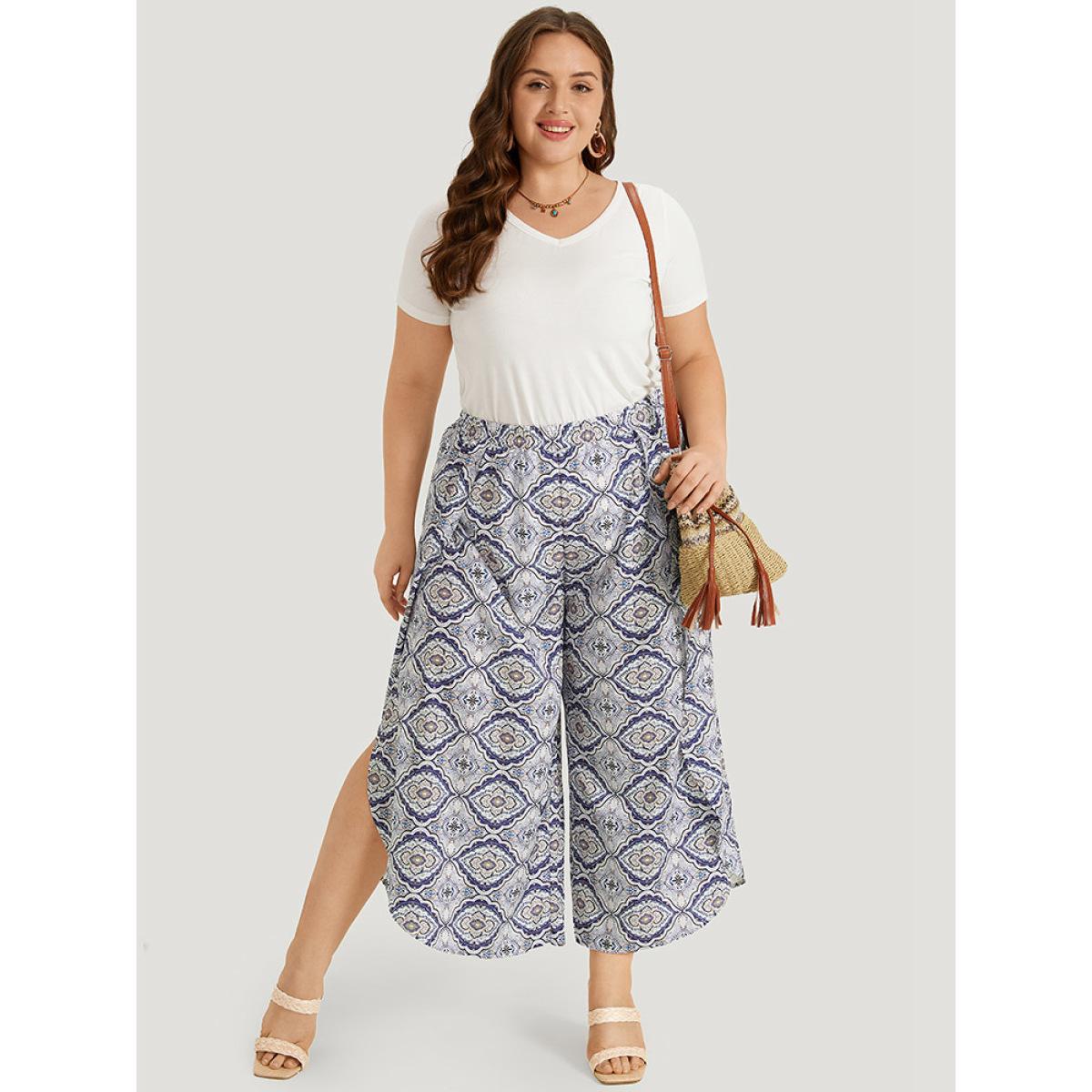 Plus Size Bandana Pocket Wrap Hem Elastic Waist Pants Women Blue Vacation High Rise Dailywear Pants BloomChic 10/M Product Image