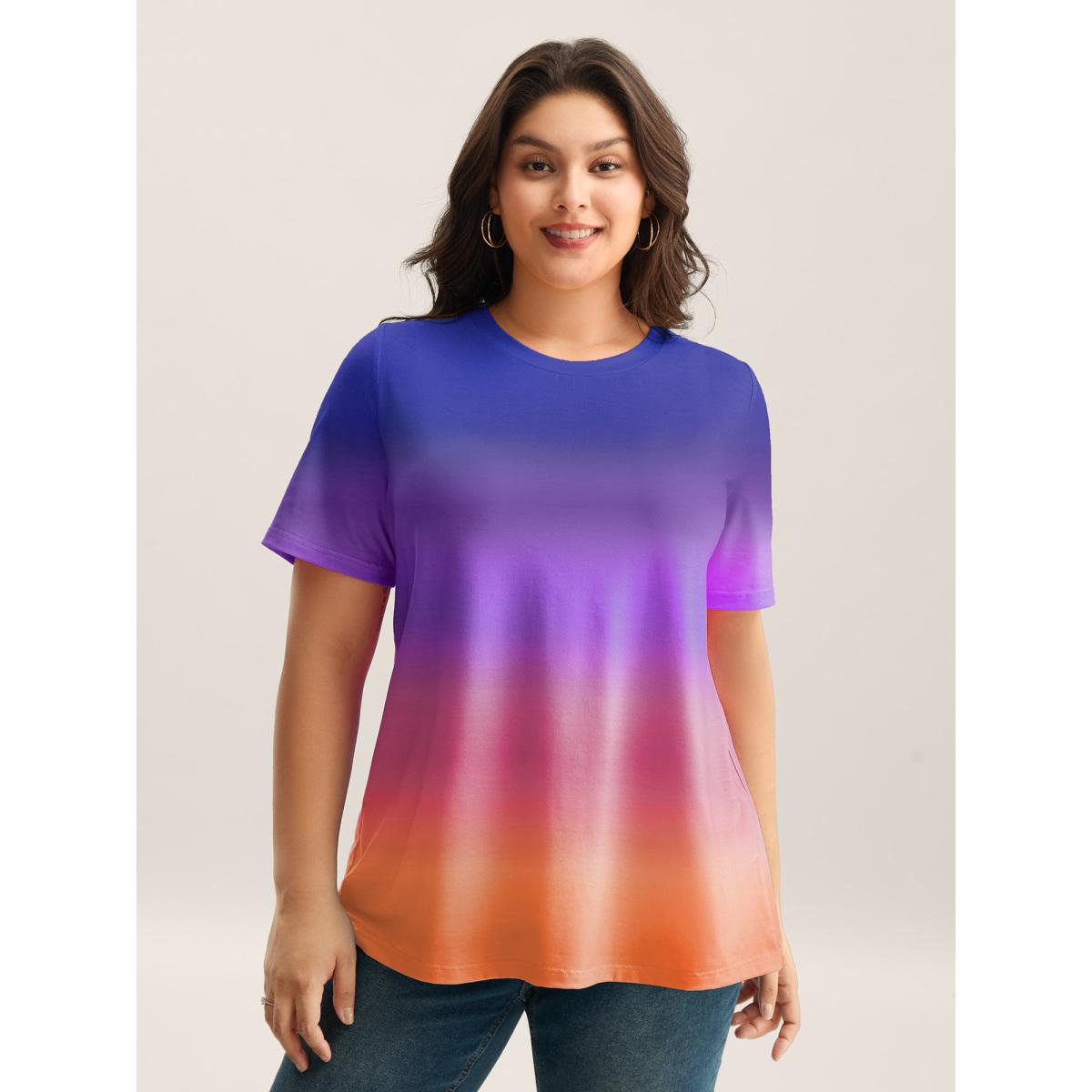 Plus Size Ombre Gradient Crew Neck Curvy T-Shirt DarkBlue Women Playful Non Round Neck Casual T-shirts BloomChic 10/M Product Image