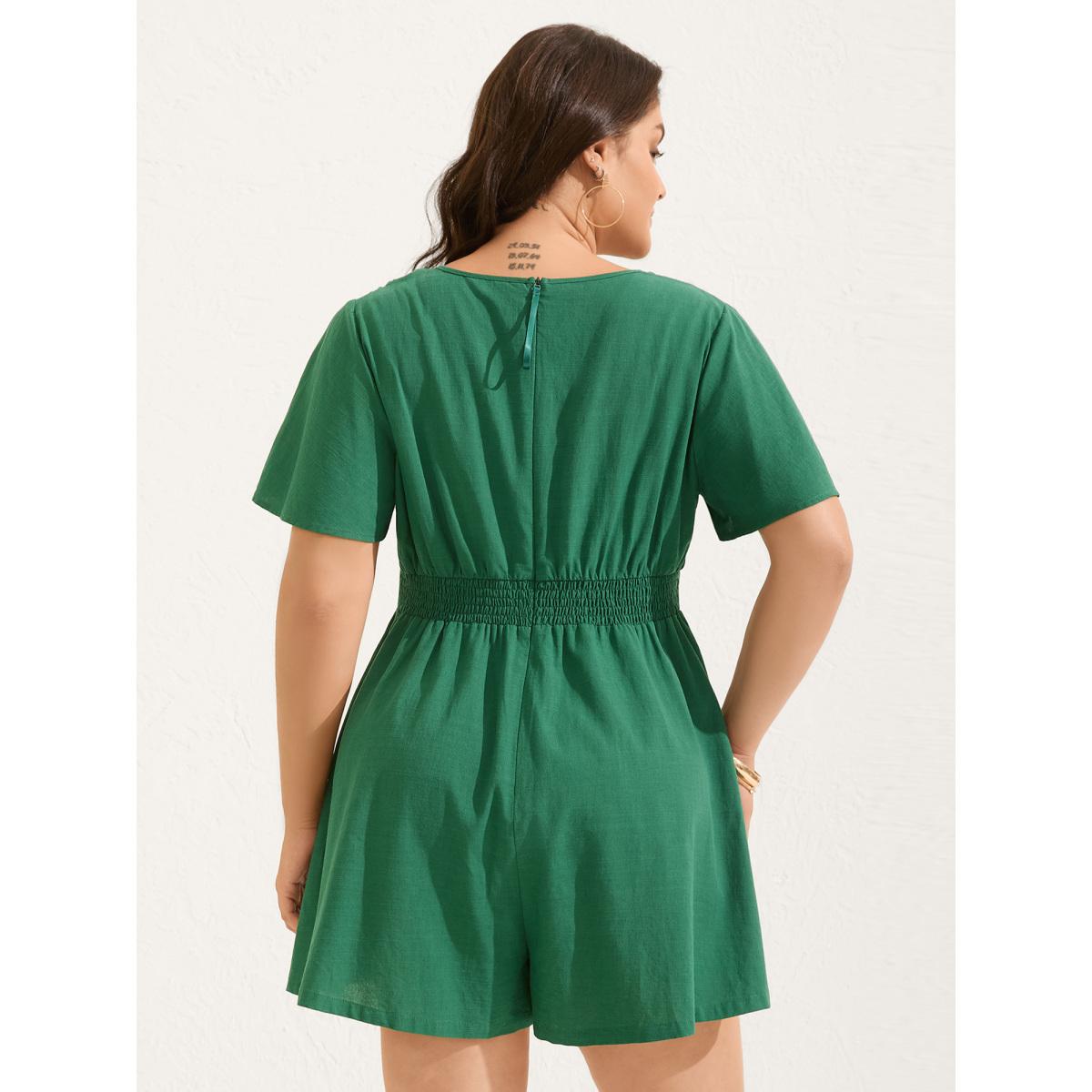 Plus Size DarkGreen Cinched-Waist V-Neck Solid Romper Women Short sleeve Non Vacation Loose Jumpsuits BloomChic 14-16/1X Product Image