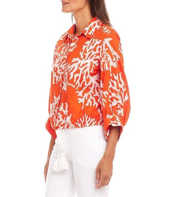 Karen Kane Coral Reef Print Spread Collar 3/4 Blouson Sleeve Tassel-Tie-Waist Button-Front Top Product Image