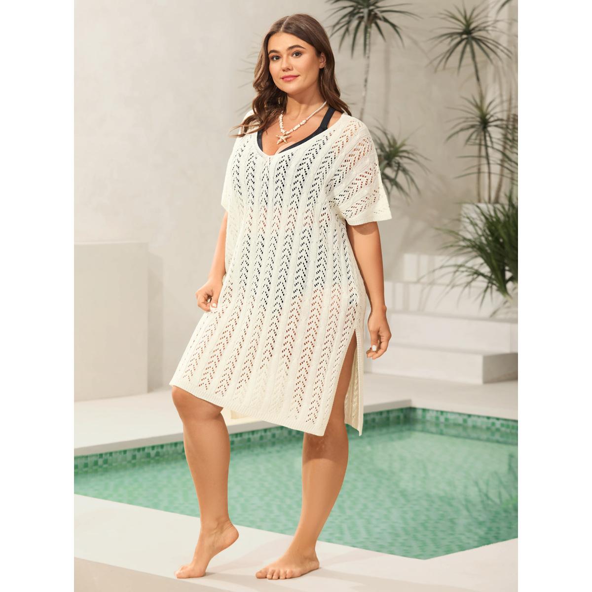 Plus Size Cut Out Textured Side Slit Swim Cover-Up Women's Swimwear Ivory Resort Loose Texture Curve Swim Cover Ups BloomChic 30/6X Product Image