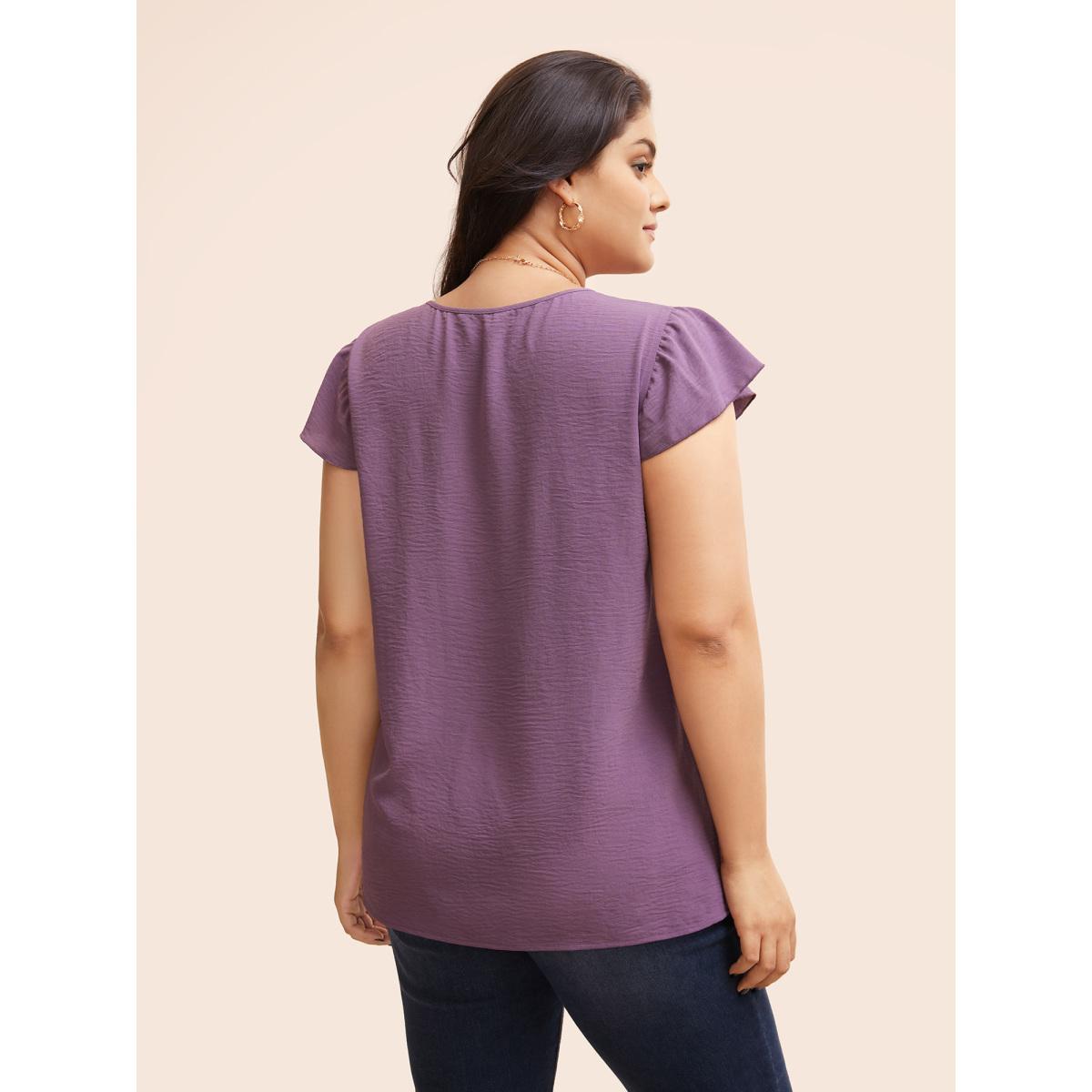 Plus Size Mauve Solid Gathered Flutter Trim Blouse Women Elegant Cap Sleeve Round Neck Dailywear Blouses BloomChic 10/M Product Image