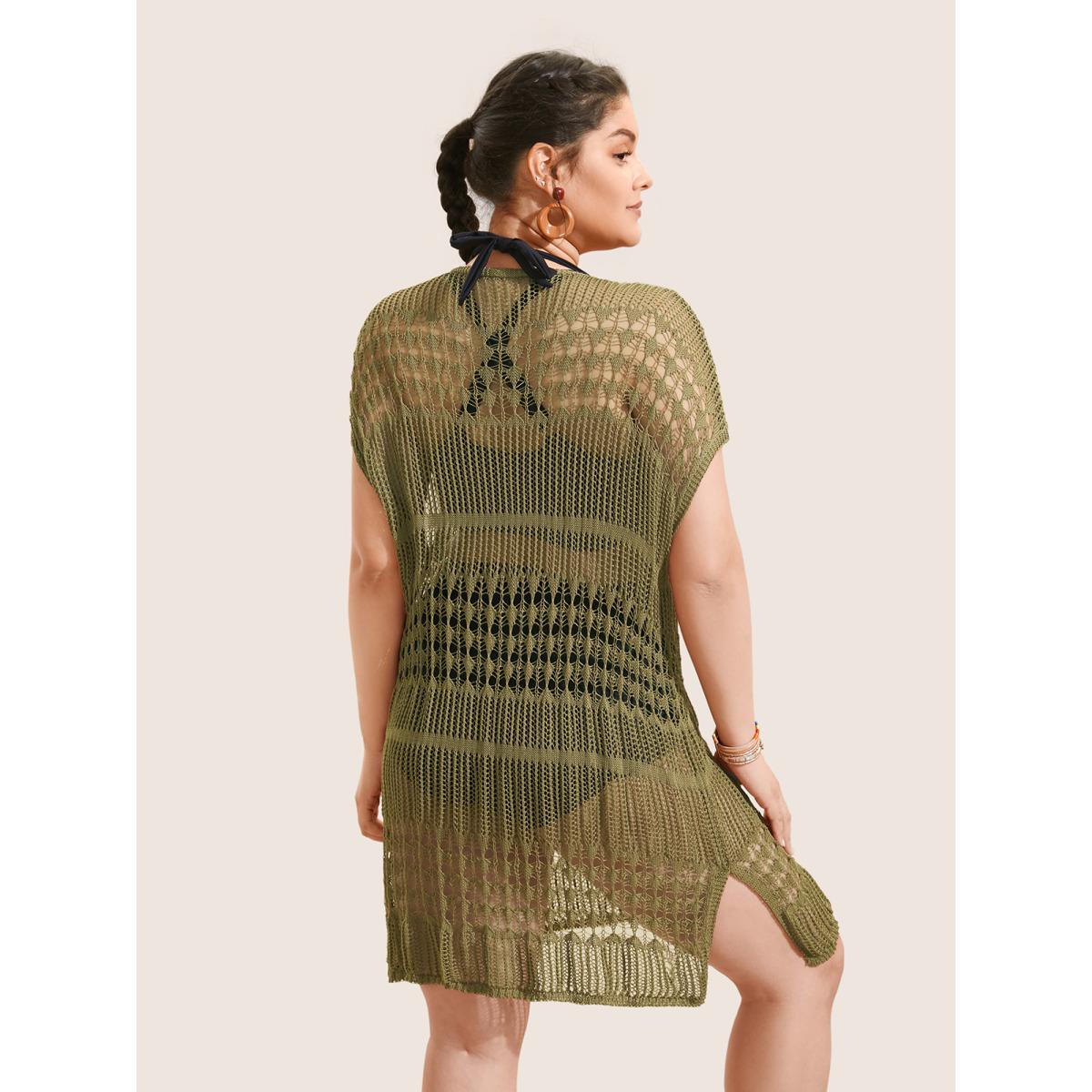 Plus Size Solid Cut Out See Through Lace Up Swim Cover Up Women's Swimwear Olive Beach Tie knot Curve Swim Cover Ups BloomChic 18-20/2X Product Image