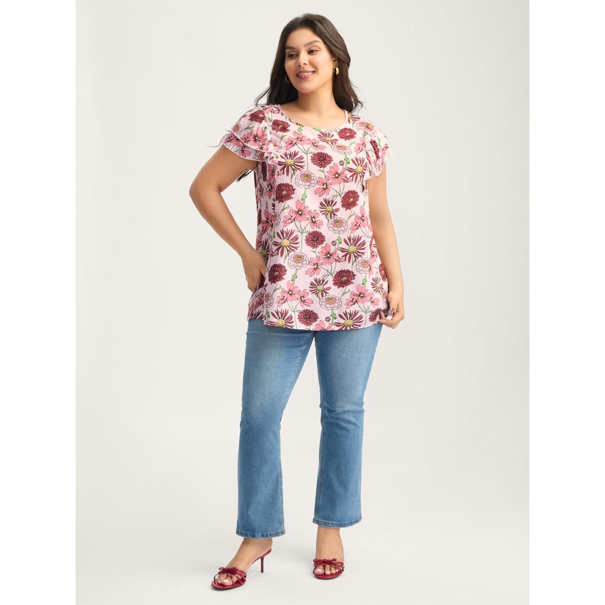 Plus Size Lightpink Large Floral Print Layered Sleeve Blouse Women Cap Sleeve Round Neck Everyday-Elegant Blouses BloomChic 28/5X Product Image