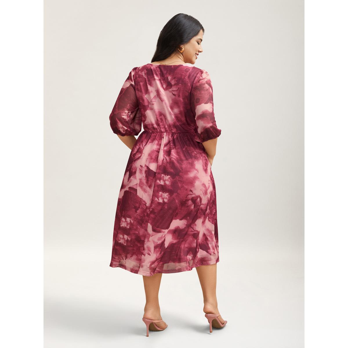 Plus Size Ombre Gradient Mesh Puff Sleeve Midi Dress RedViolet Women Elegant Heart neckline Elbow-length sleeve Curvy BloomChic 22-24/3X Product Image