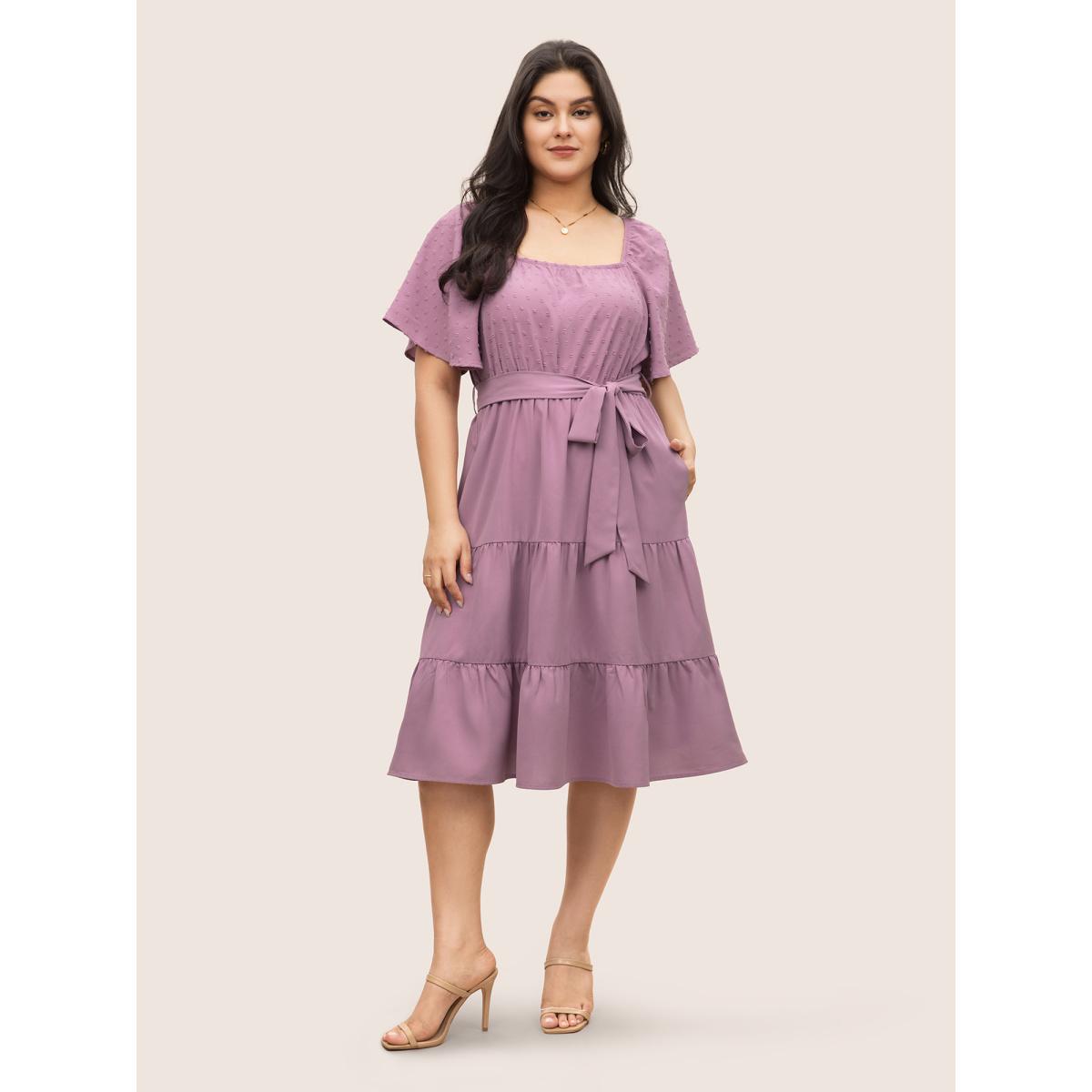 Plus Size Plain Textured Ruffle Layered Hem Belted Dress Lilac Women Elegant Non Square Neck Short sleeve Curvy Midi Dress BloomChic 12/L Product Image