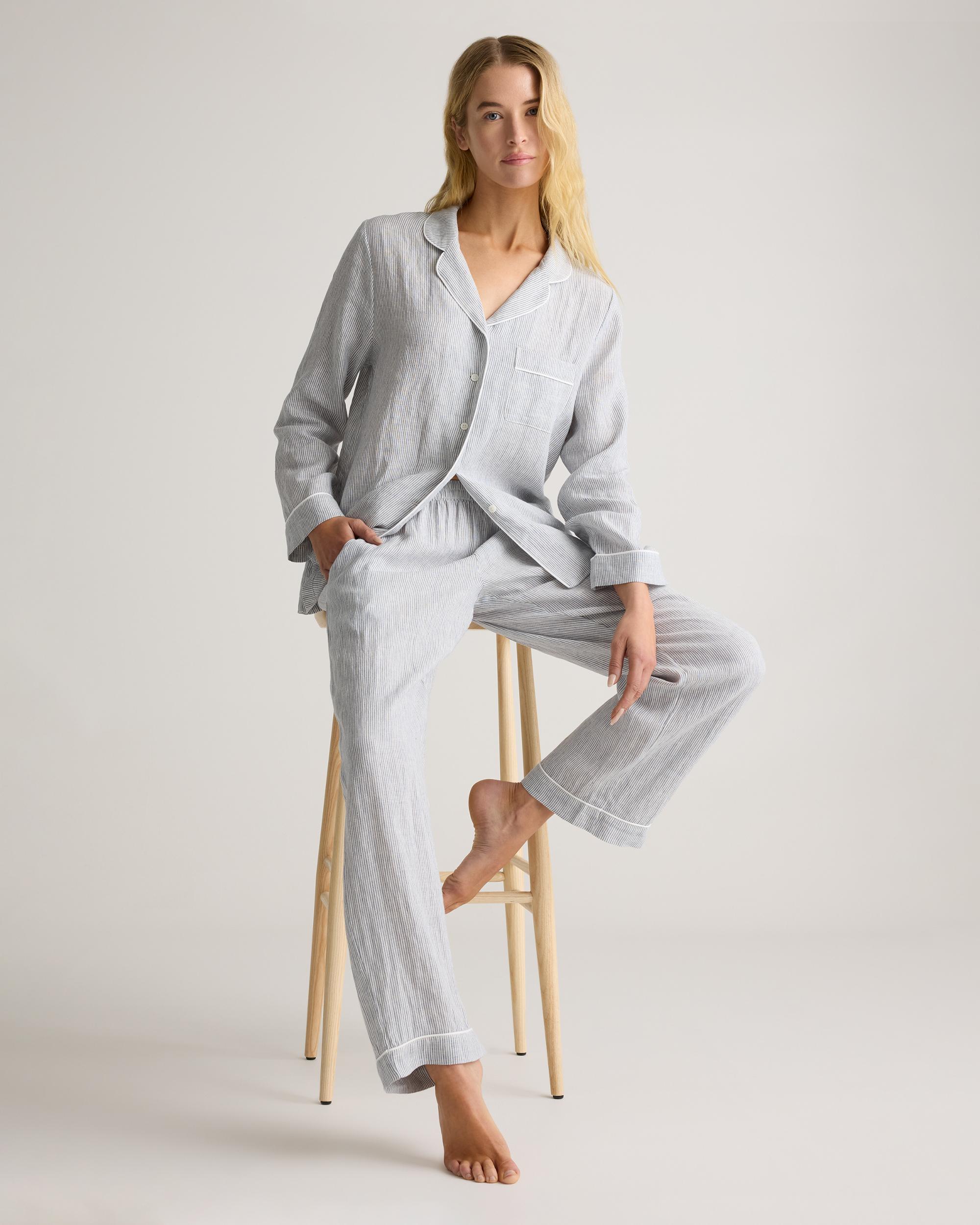 Quince | Women's 100% European Linen Long Sleeve Pajama Set with Piping Product Image