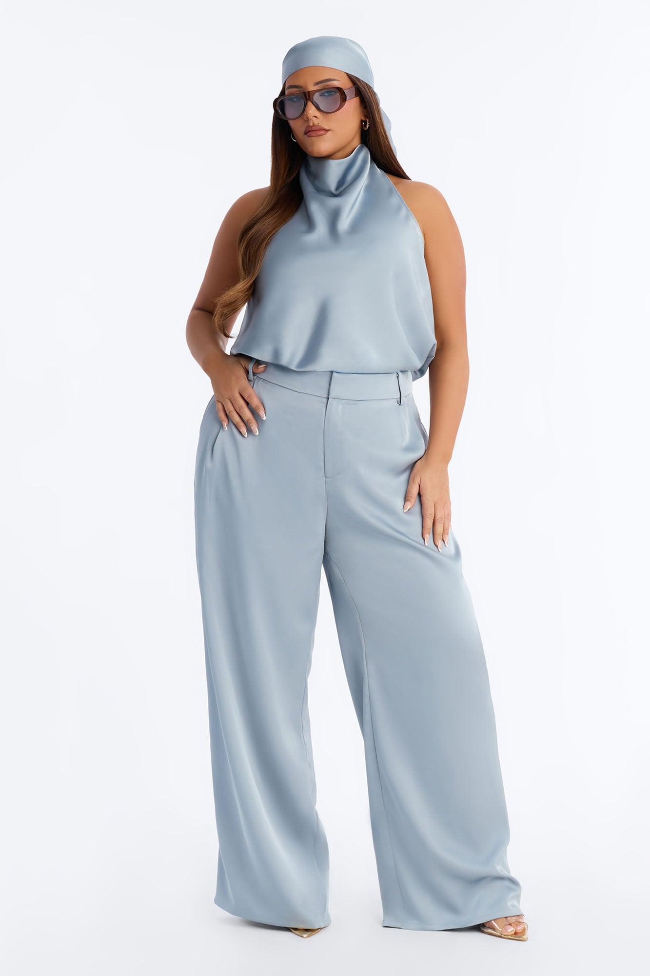 Isabelle Satin Halter Bodysuit 3 Piece Pant Set - Slate Blue Female Product Image