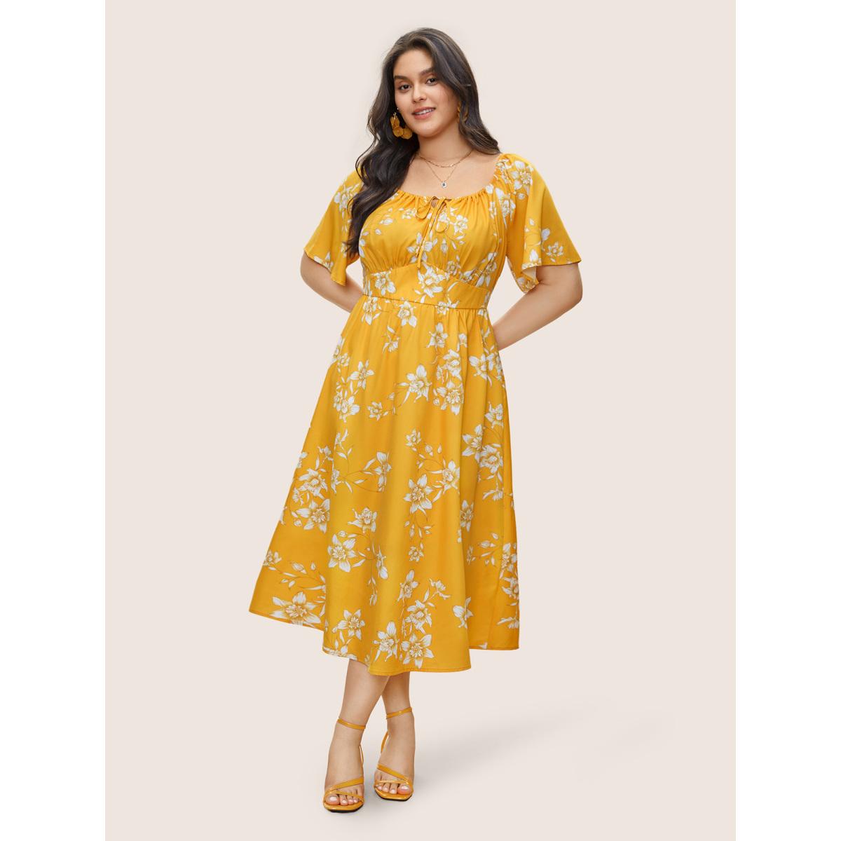 Plus Size Floral Print Knot Neck Patchwork Ruffle Sleeve Dress Yellow Women Elegant Non V-neck Short sleeve Curvy Midi Dress BloomChic 18-20/2X Product Image