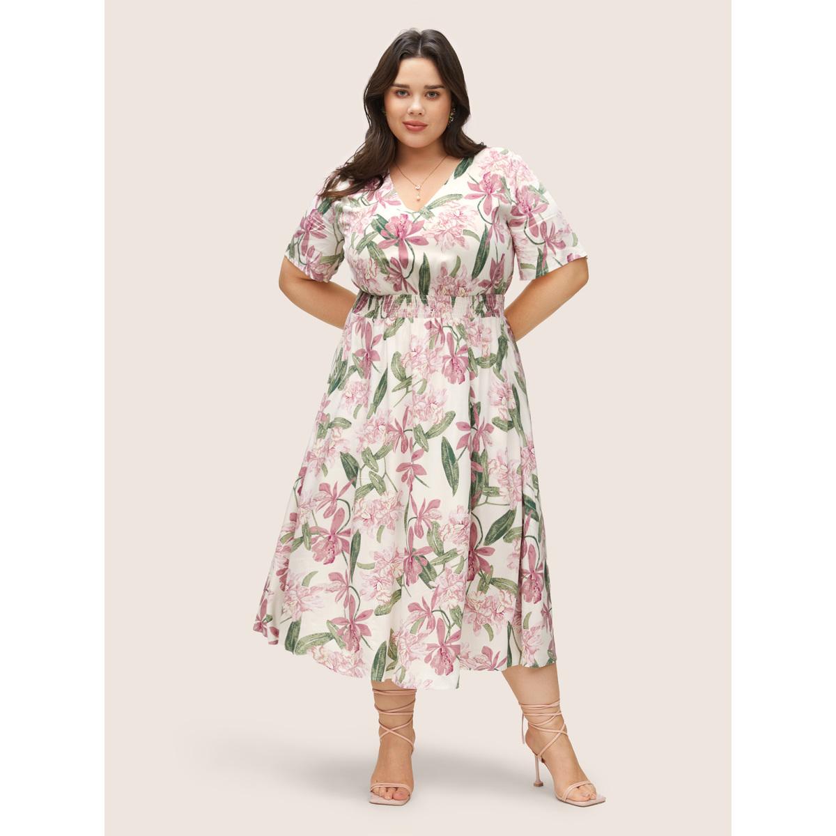 Plus Size Floral Print Elastic Waist Shirred Dress White Women Elegant Non V-neck Short sleeve Curvy Midi Dress BloomChic 10/M Product Image