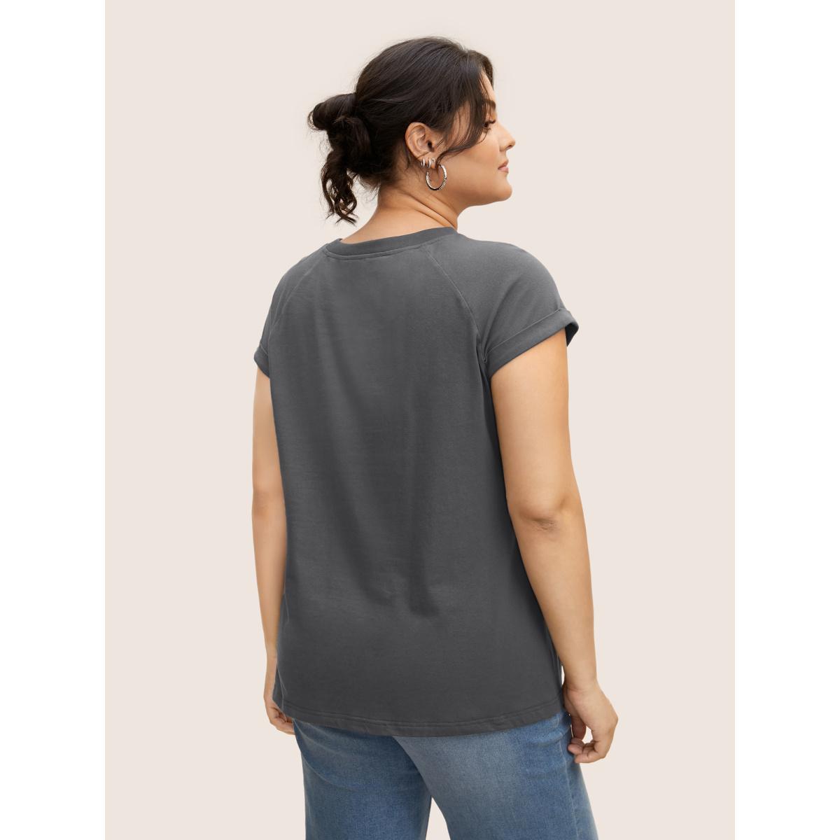 Plus Size Cotton Solid Crew Neck Roll Sleeve T-shirt DimGray Women Casual Roll Hem Round Neck Everyday T-shirts BloomChic 26/4X Product Image