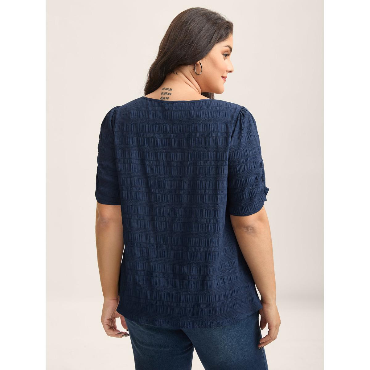 Plus Size DarkGreen Textured Gathered Sleeve Split Neck Blouse Women Office Short sleeve Asymmetrical Neck Office Blouses BloomChic 26/4X Product Image