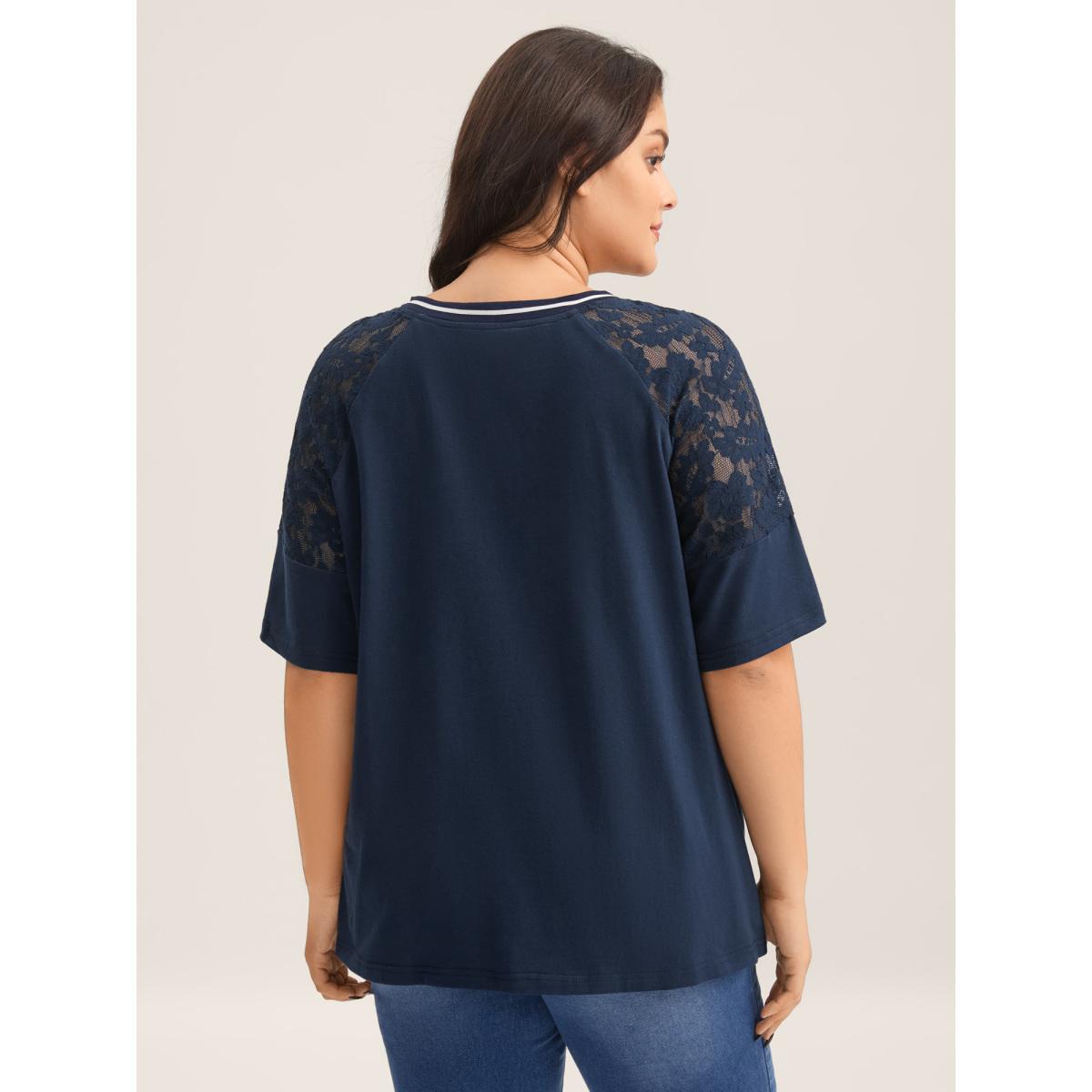 Plus Size Supersoft Sheer Floral Sleeve V-Neck T-Shirt Indigo Women Leisure See through V-neck Casual T-shirts BloomChic 22-24/3X Product Image