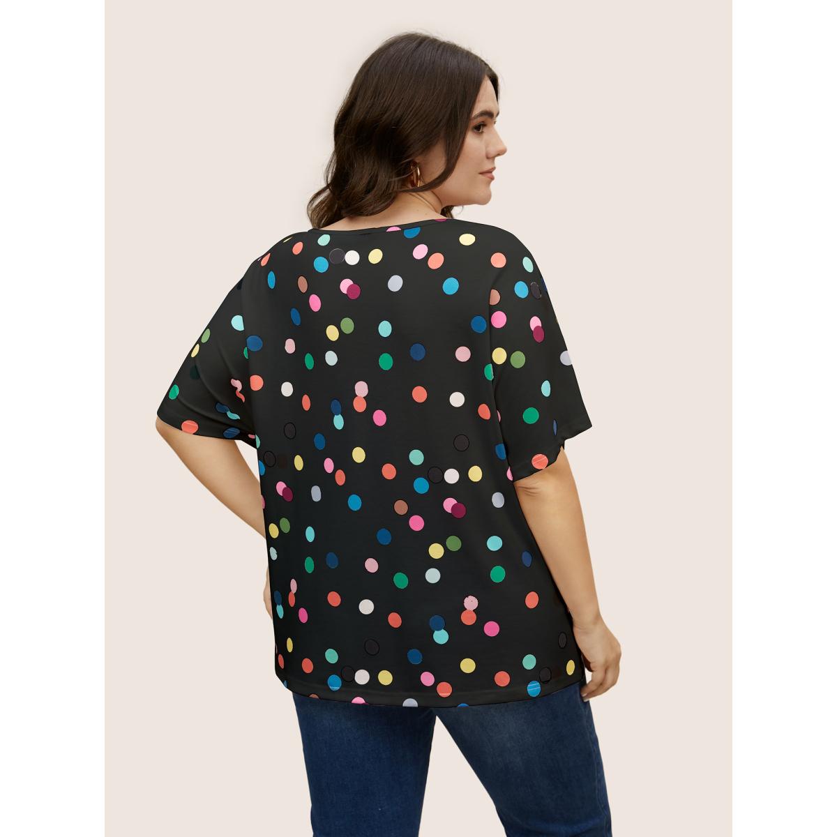 Plus Size Contrast Polka Dot Keyhole Dolman Sleeve T-shirt Black Women Casual Contrast Art&design V-neck Everyday T-shirts BloomChic 22-24/3X Product Image