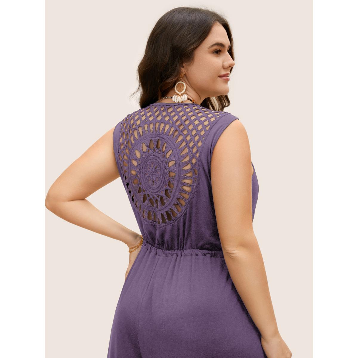 Plus Size Mauve V Neck Crocheted Cut Out Jumpsuit Women Resort Sleeveless V-neck Vacation Loose Jumpsuits BloomChic 14-16/1X Product Image