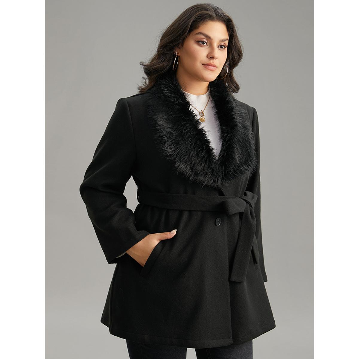 Plus Size Plain Fuzzy Trim Patchwork Belted Coat Women Black Casual Plain Ladies Dailywear Winter Coats BloomChic 22-24/3X Product Image