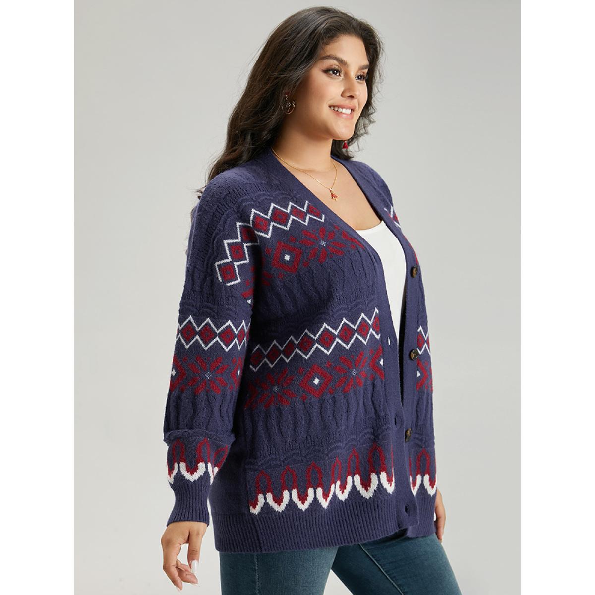 Plus Size Geometric Graphic Contrast Elastic Cuffs Button Up Cardigan Multicolor Women Casual Loose Long Sleeve Festival-Christmas Cardigans BloomChic 26/4X Product Image