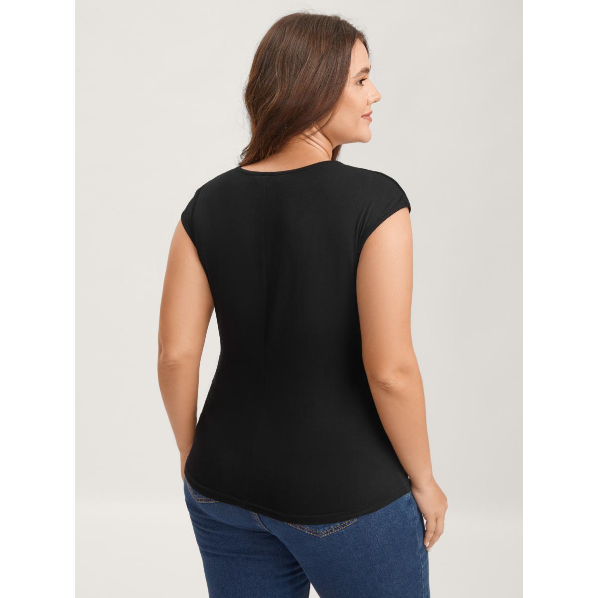 Plus Size Overlap Knit Sweetheart Neck T-Shirt Black Women Timeless Overlap Collar Elegant T-shirts BloomChic 28/5X Product Image