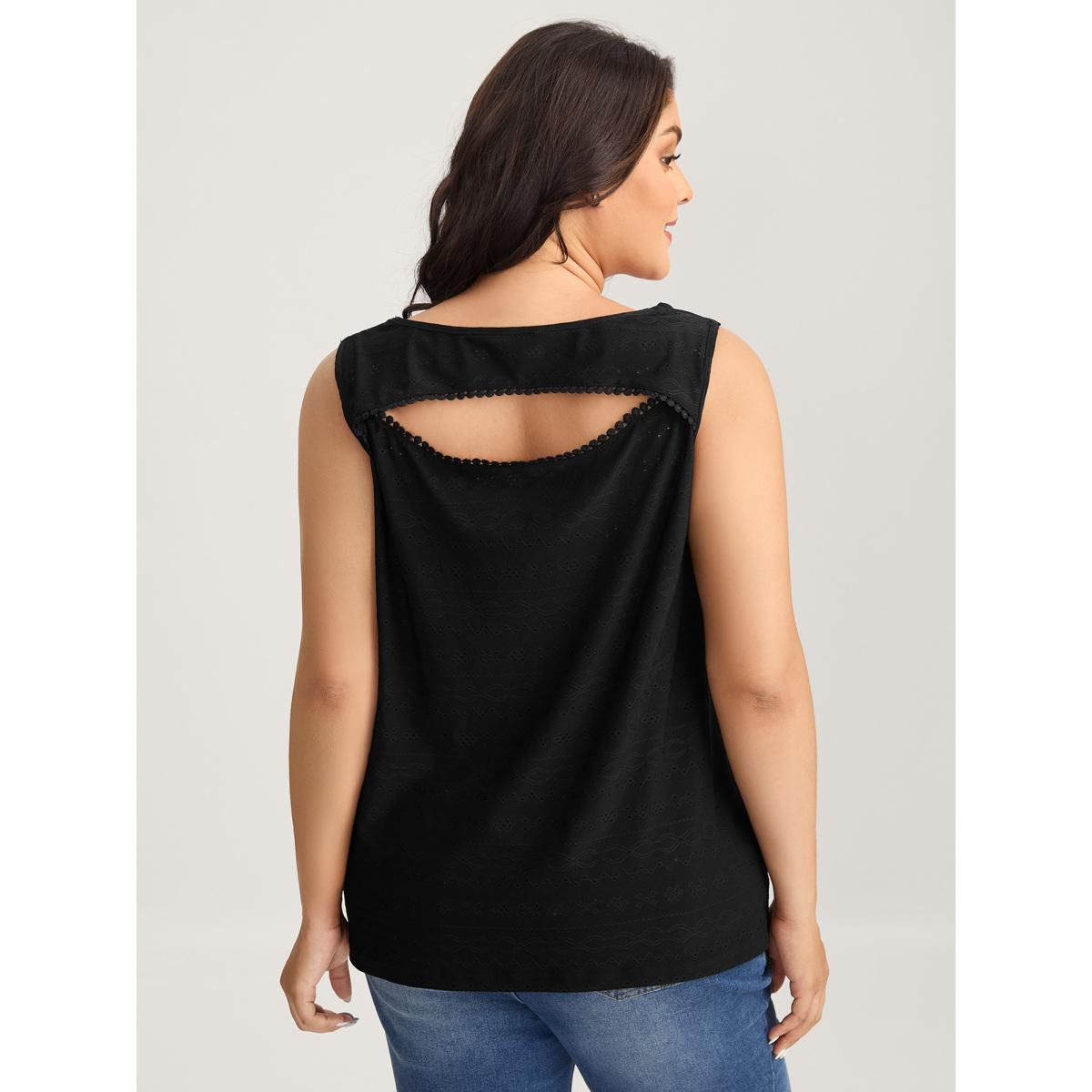 Plus Size Jacquard Eyelet Trim Backless Tank Top Women Black Woven ribbon&lace trim U-neck Everyday-Casual Tank Tops Camis BloomChic 12/L Product Image