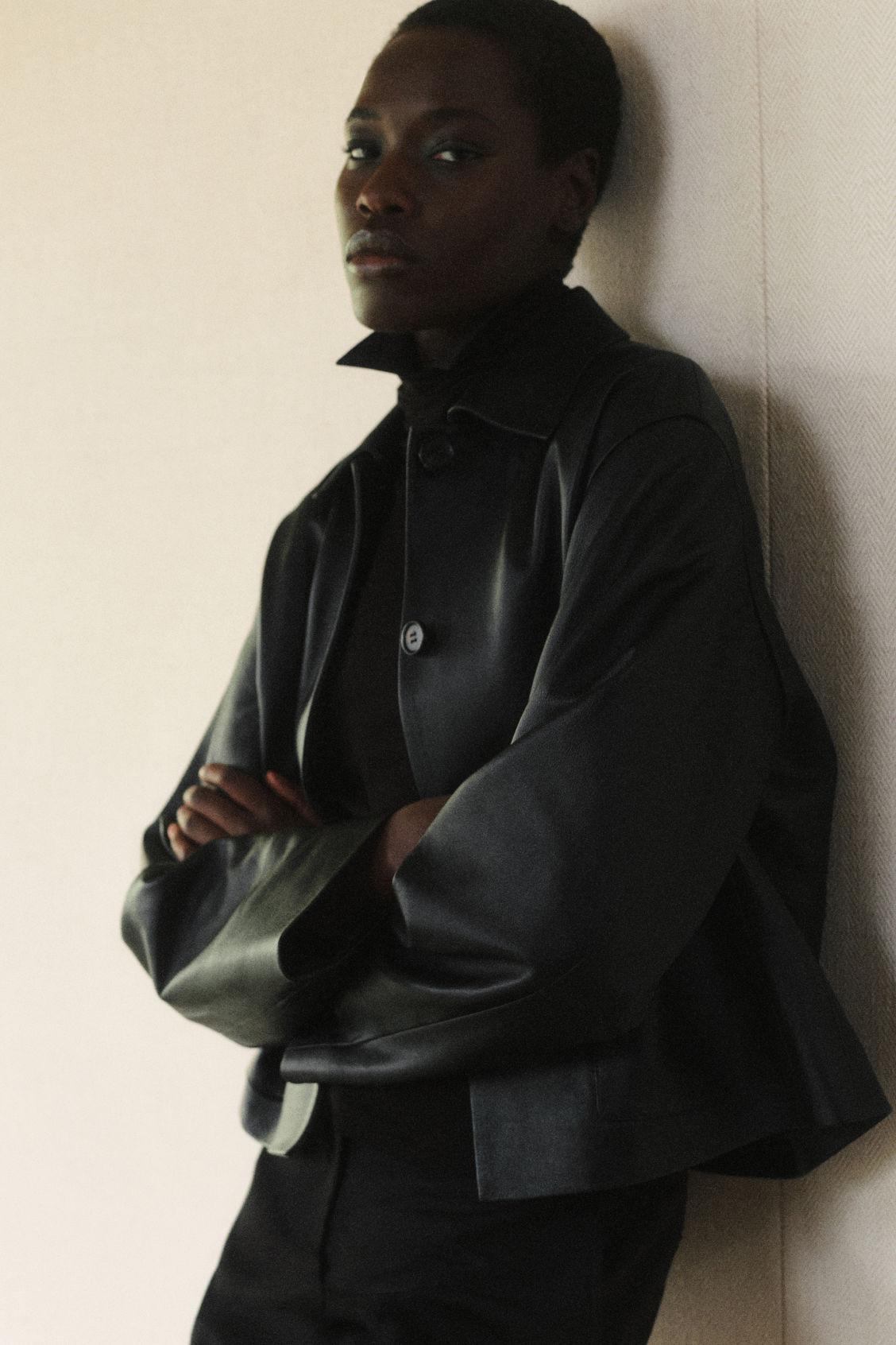 BOXY COLLARED LEATHER JACKET Product Image