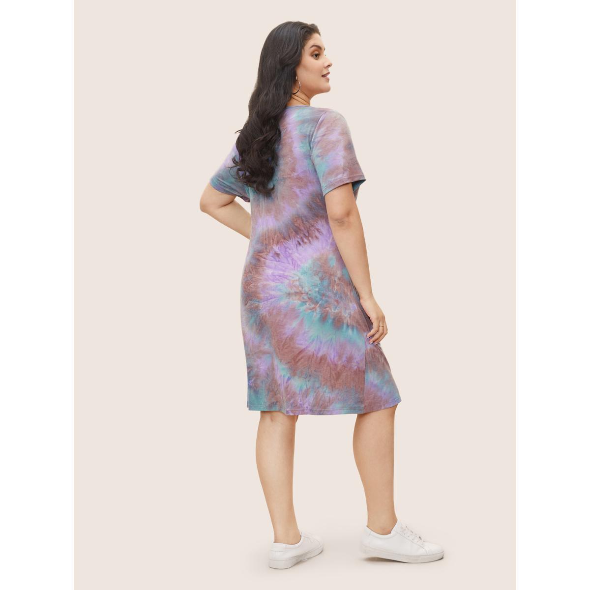 Plus Size Tie Dye Ruched Round Neck Dress Multicolor Women Casual Gathered Round Neck Short sleeve Curvy Knee Dress BloomChic 14-16/1X Product Image