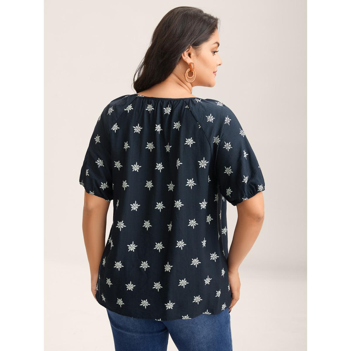 Plus Size Indigo Boho Print Keyhole Pleated Blouse Women Boho Half Sleeve V-neck Vacation Blouses BloomChic 22-24/3X Product Image
