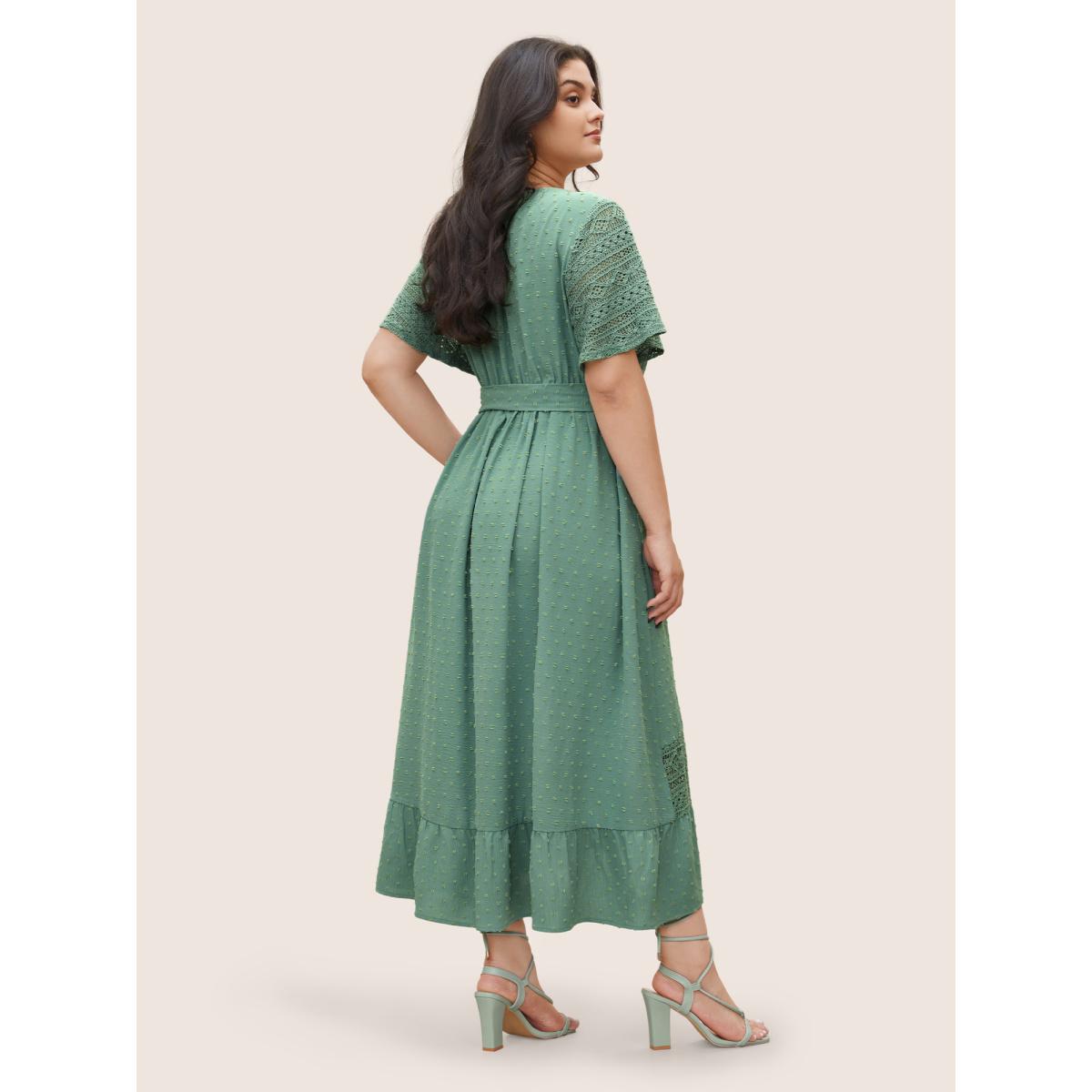 Strappy Elegance Flutter Patchwork Plus Size Dress Women Plain Mint Ruffle Sleeve Short Sleeve V Neck Pocket Belt Dailywear Long Dress BloomChic Product Image