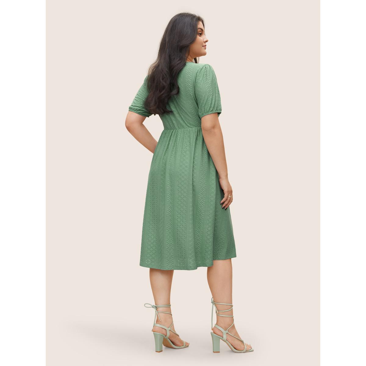 Plus Size Solid Hollow Out Button Detail Elastic Waist Dress Mint Women Elegant Non V-neck Short sleeve Curvy Midi Dress BloomChic 14-16/1X Product Image