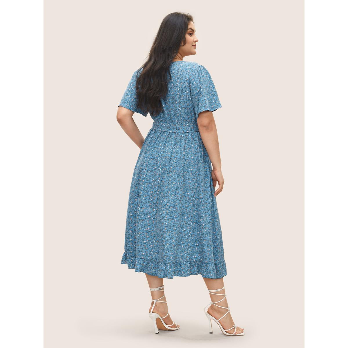 Plus Size Ditsy Floral Overlap Collar Ruffles Belted Dress Blue Women Elegant Overlapping Overlap Collar Short sleeve Curvy Midi Dress BloomChic 12/L Product Image