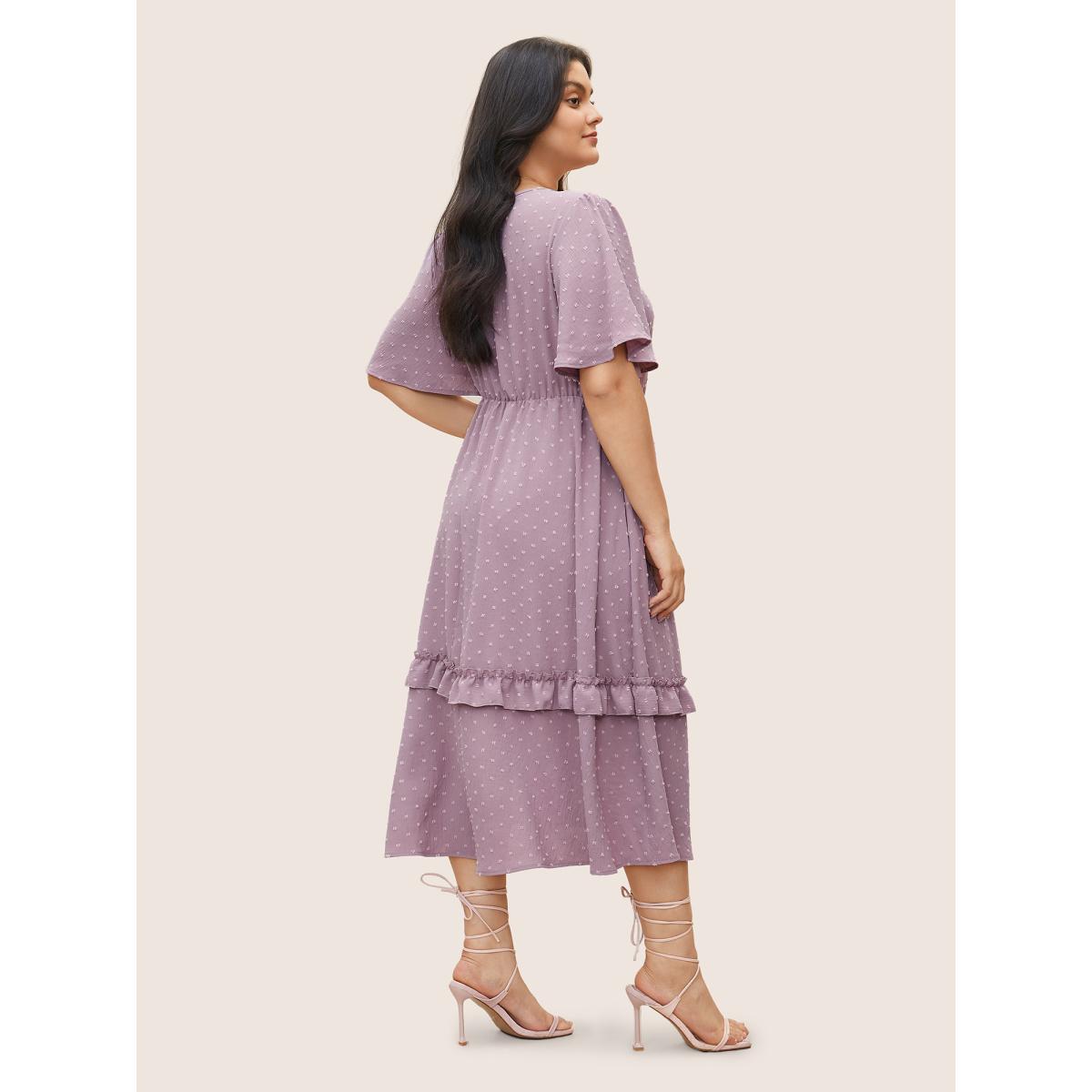 Polka Dot Shirred Plus Size Women Elegance Dress Plain Pocket Ruffle Sleeve Short Sleeve V Neck Pocket Dailywear Midi Dress BloomChic Product Image