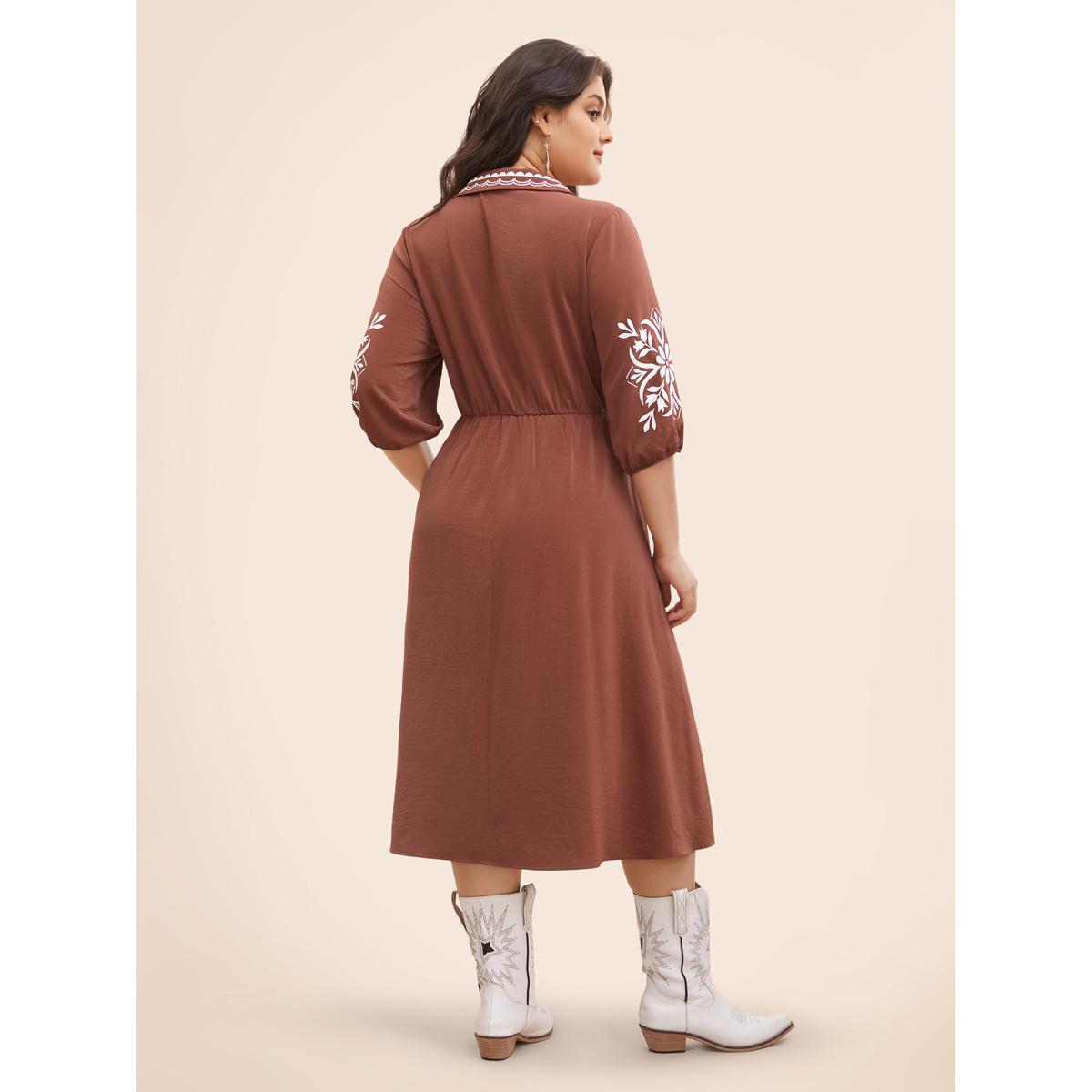 Plus Size Precision Printing Waist-Cinching Midi Dress Rust Women Resort Contrast Lapel Collar Elbow-length sleeve Curvy BloomChic 22-24/3X Product Image