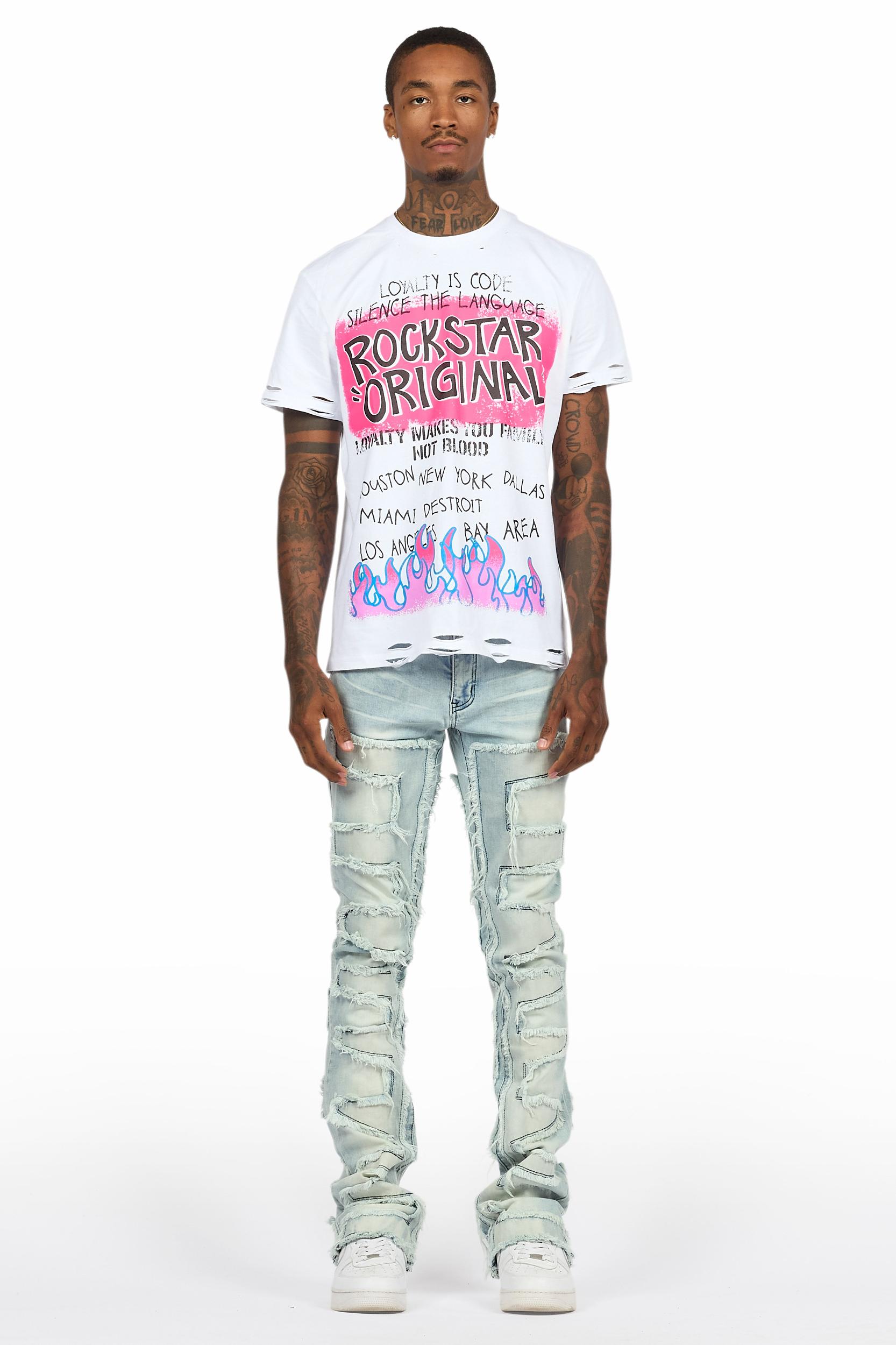 Beno White T-Shirt & Shake Blue Stacked Flare Jean Bundle Male Product Image