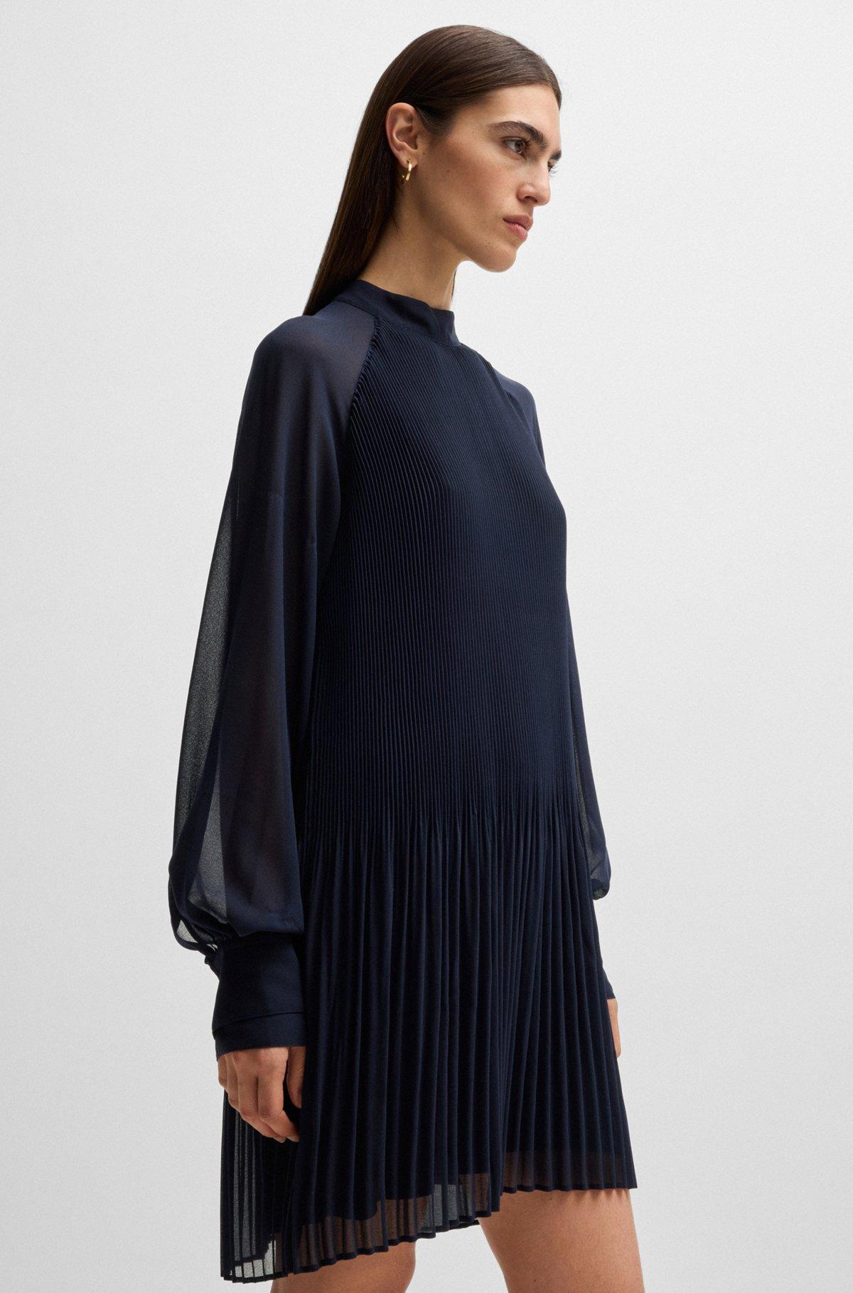BOSS - High-neck dress with plissé pleats and sheer sleeves - Dark Blue Product Image