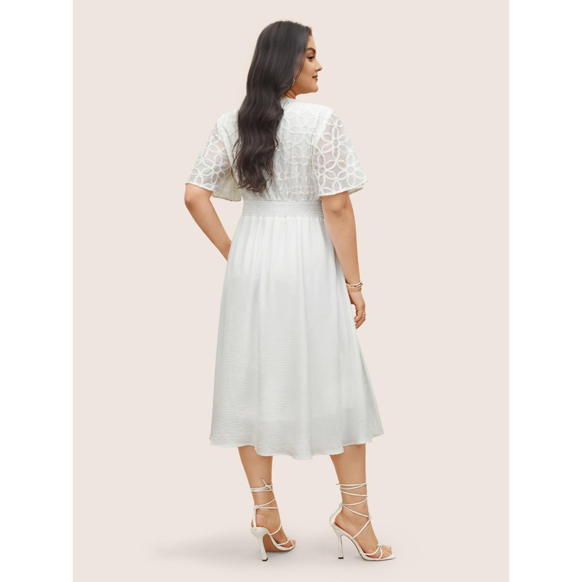 Plus Size Graphic Plisse Shirred Patchwork Flutter Sleeve Dress White Women Elegant Non V-neck Short sleeve Curvy Midi Dress BloomChic 30/6X Product Image