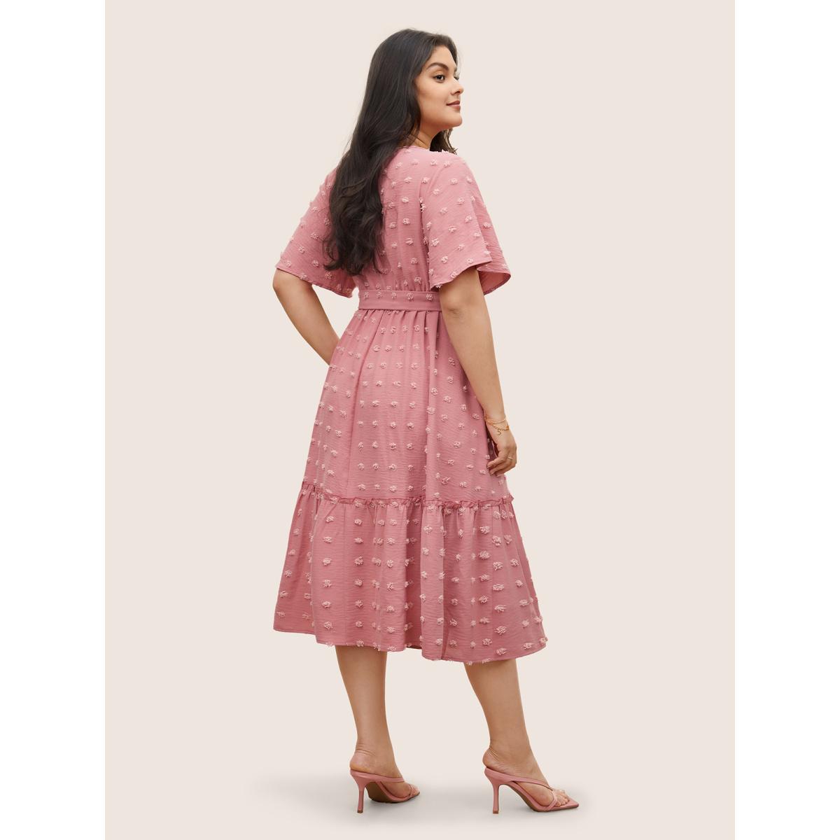Plus Size Solid Textured Patchwork Frill Trim Belted Dress Watermelon Women Elegant Non Round Neck Short sleeve Curvy Midi Dress BloomChic 26/4X Product Image