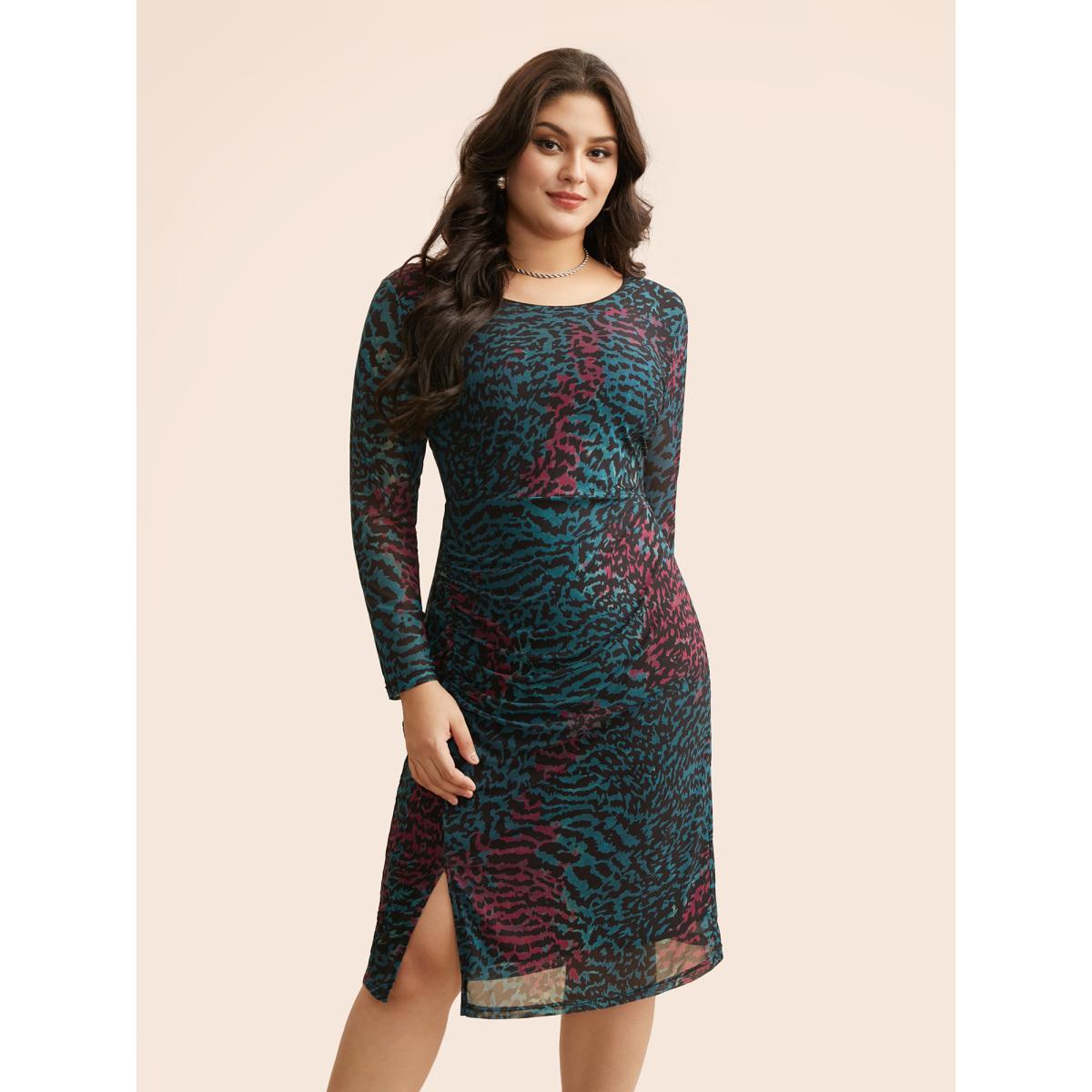 Plus Size Leopard Print Ruched Split Hem Dress Aegean Women Elegant Gathered Round Neck Long Sleeve Curvy BloomChic 10/M Product Image