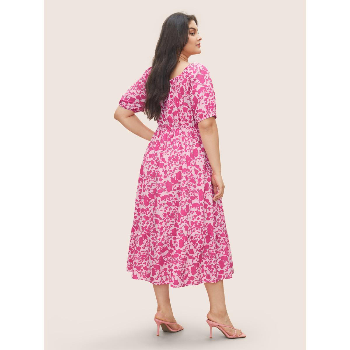 Plus Size Silhouette Floral Print Ruched Lantern Sleeve Dress Watermelon Women Elegant Gathered Square Neck Short sleeve Curvy Midi Dress BloomChic 18-20/2X Product Image