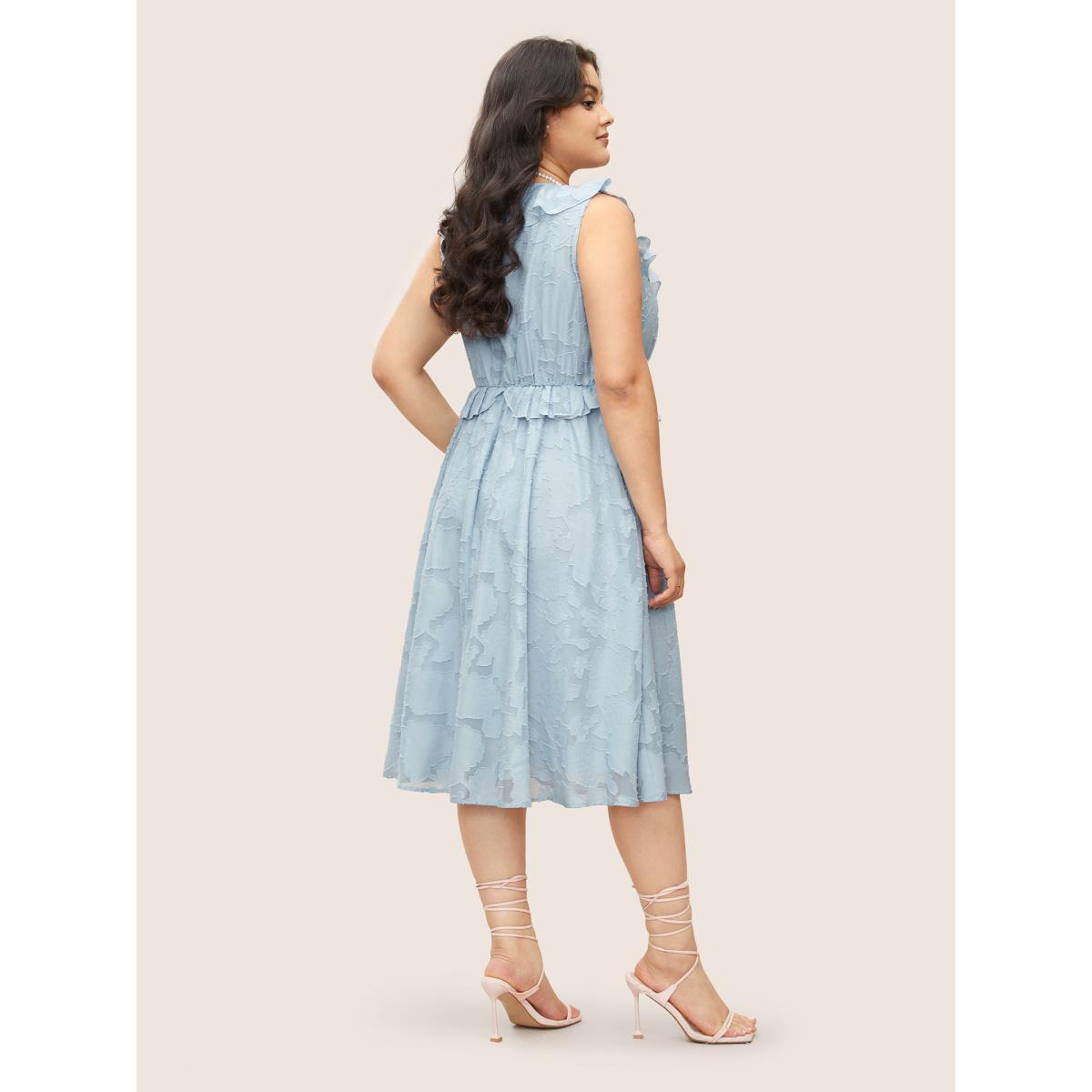 Plus Size Plisse Ruffle Trim Gathered Sleeveless Dress LightBlue Women Elegant Texture V-neck Sleeveless Curvy BloomChic 26/4X Product Image