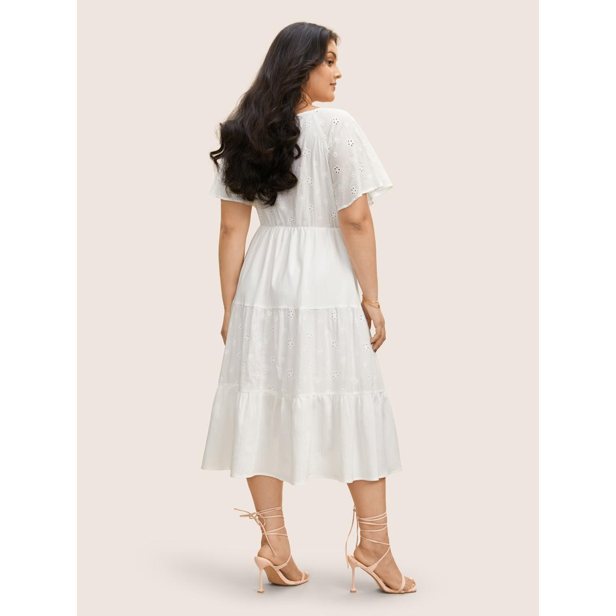 Plus Size Broderie Anglaise Ties Ruffle Layered Hem Dress Originalwhite Women Elegant Tie knot V-neck Short sleeve Curvy BloomChic 12/L Product Image