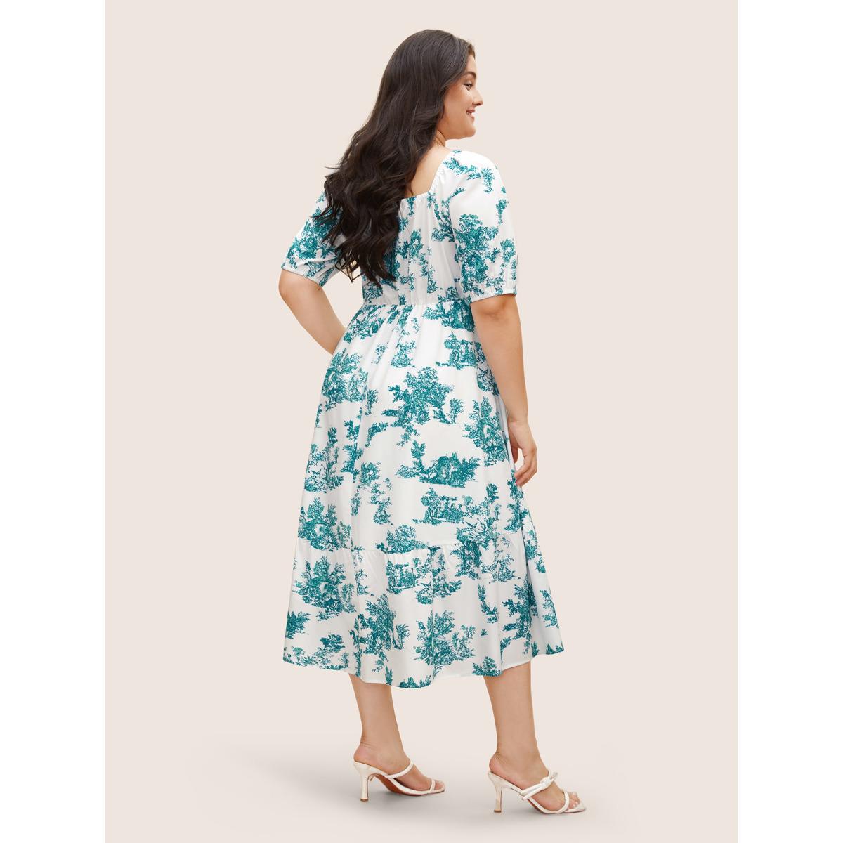 Plus Size Square Neck Floral Gathered Midi Dress Emerald Women Elegant Gathered Square Neck Half Sleeve Curvy BloomChic 30/6X Product Image