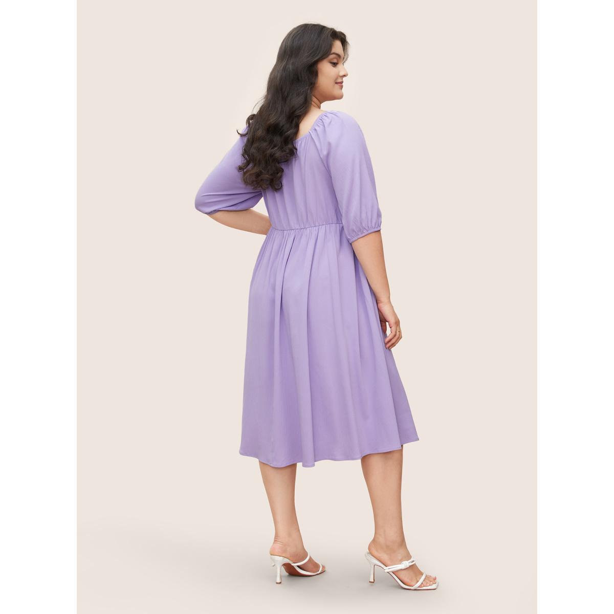 Plus Size Square Neck Solid Ruffle Trim Shirred Dress Lavender Women Elegant Shirred Square Neck Half Sleeve Curvy BloomChic 28/5X Product Image