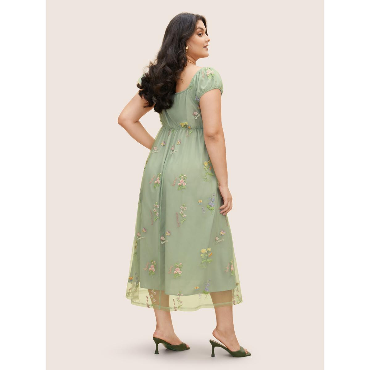 Plus Size Mesh Floral Embroidered Cap Sleeve Midi Dress Palemauve Women Elegant Texture Round Neck Cap Sleeve Curvy BloomChic 12/L Product Image