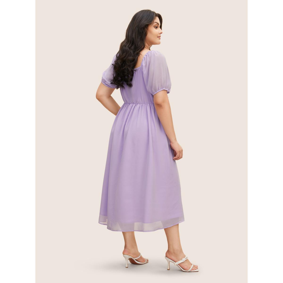 Plus Size Chiffon Square Neck Lantern Sleeve Dress Lavender Women Elegant Gathered Square Neck Short sleeve Curvy BloomChic 22-24/3X Product Image