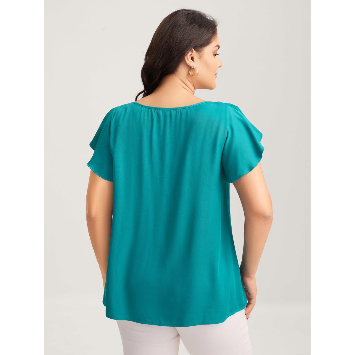 Plus Size Teal Ruffled Neck Metal Cut-Out Blouse Women Cap Sleeve Notched collar Everyday-Elegant Blouses BloomChic 10/M Product Image