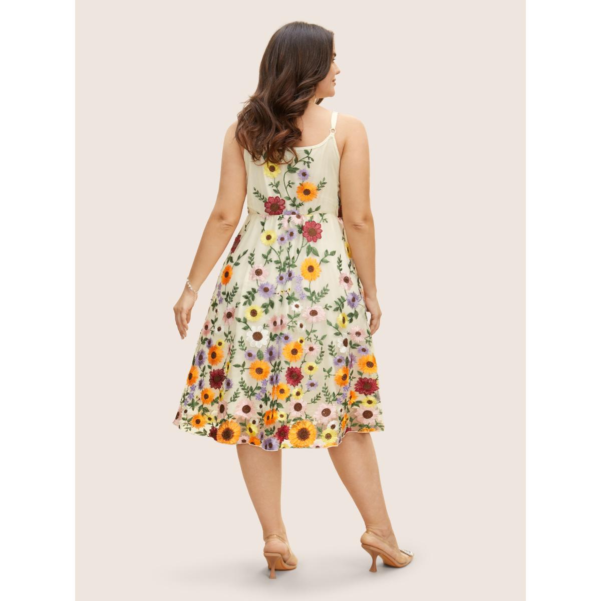 Plus Size V Neck Floral Embroidered Mesh Cami Dress Ivory Women Formal Embroidered V-neck Sleeveless Curvy BloomChic 22-24/3X Product Image