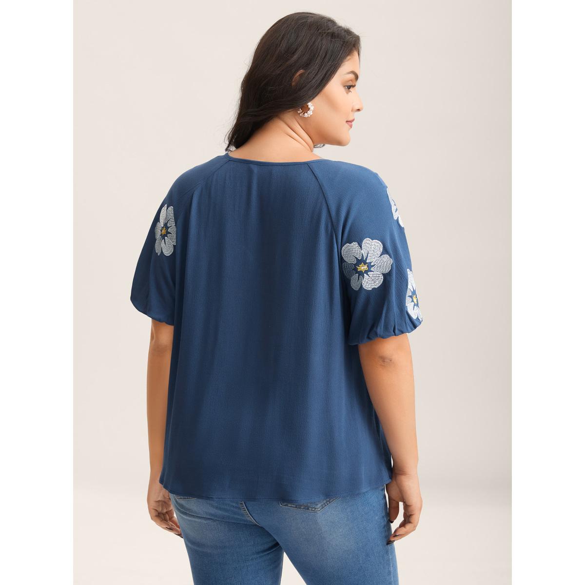 Plus Size DarkBlue Floral Embroidery Textured Neck Tie Blouse Women Boho Half Sleeve Flat collar with V-notch Vacation Blouses BloomChic 10/M Product Image